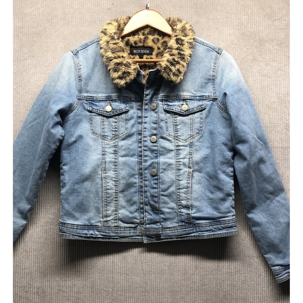 Beck Seven Denim Jacket Women L Leopard Faux Fur Lined Cropped Y2K Mob Wife